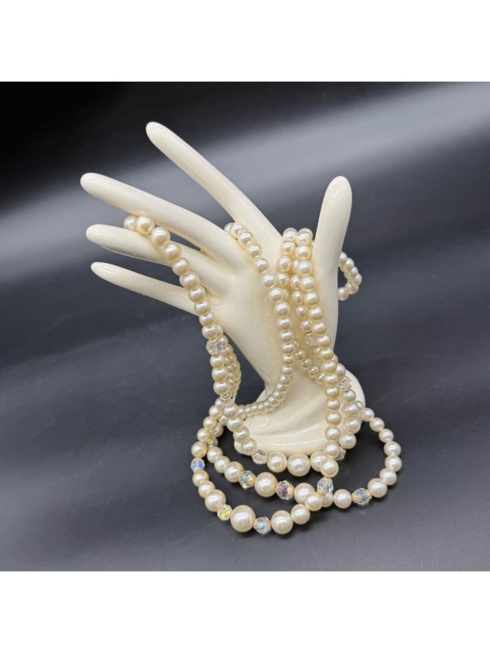 Three Strand Faux Pearl Necklace Round Clasp Japan Mid Century Elegant Vintage